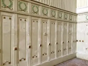 Otto Wagner church: wood panels of onsite theatre